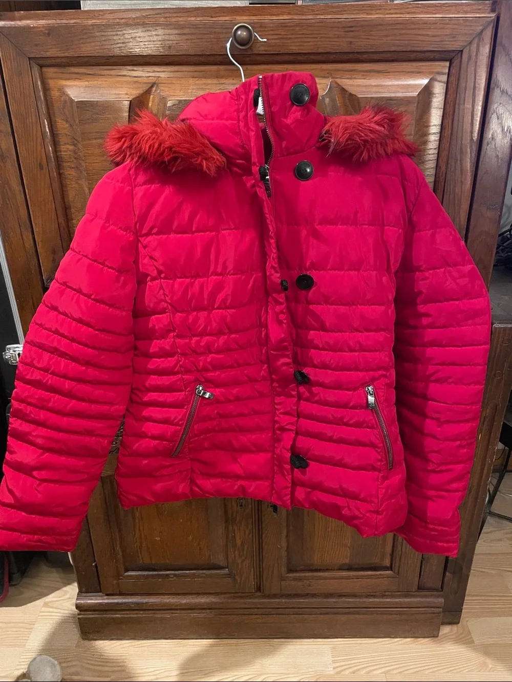 Armani Jeans Girls Red Faux Fur Quilted Winter Coat Removable Hood size 10